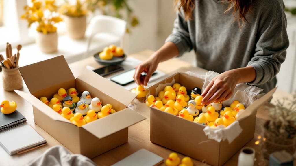 Rubber ducks being packed for shipping